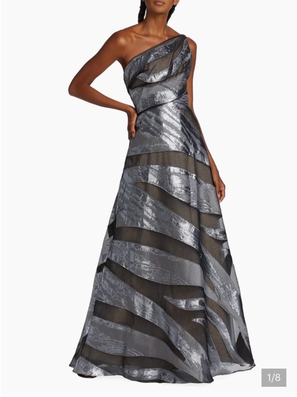 Rene Ruiz One-Shoulder Metallic gown